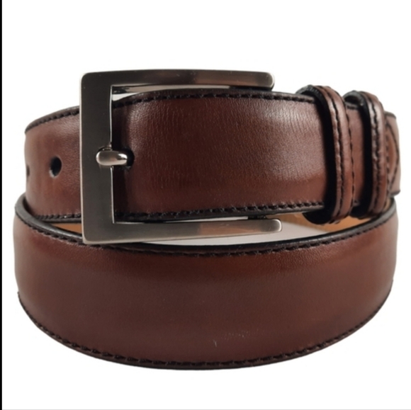 W. KLEINBERG Tobacco Brown Double Loop Leather Belt Nickel Black Edging USA 34 - Picture 2 of 8